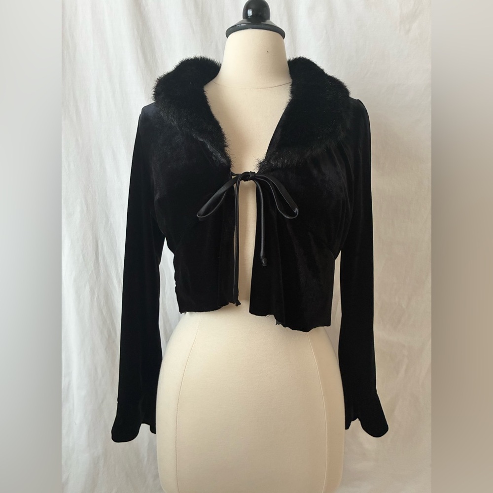 Vintage Black Velvet Front-Tie Cardigan w/ Faux Fur